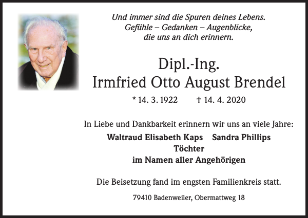 Dipl.Ing. Irmfried Otto August Brendel Traueranzeige Badische Zeitung