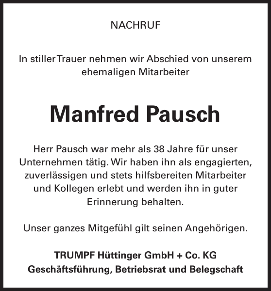 Manfred Pausch Traueranzeige Badische Zeitung