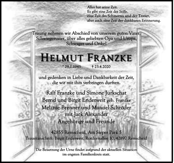 Helmut Franzke : Traueranzeige : Remscheider General-Anzeiger