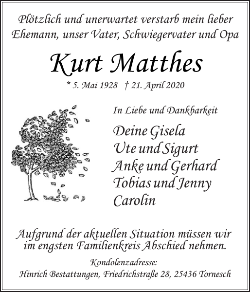 Kurt Matthes Traueranzeige Uetersener Nachrichten