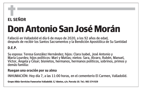 Esquela De Don Antonio San José Morán : Fallecimiento 