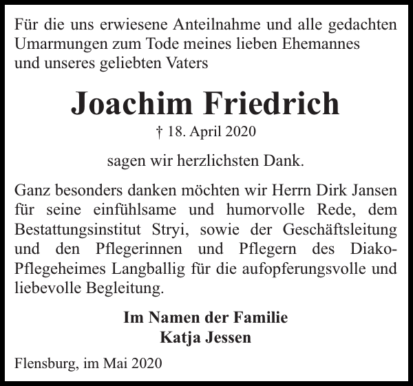 Joachim Friedrich Danksagung Flensburger Tageblatt