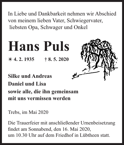 Hans Puls Traueranzeige Hagenower Kreisblatt