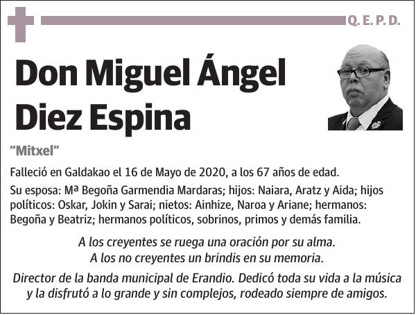 Esquela de Miguel Ángel Diez Espina : Fallecimiento | Esquela en El Correo