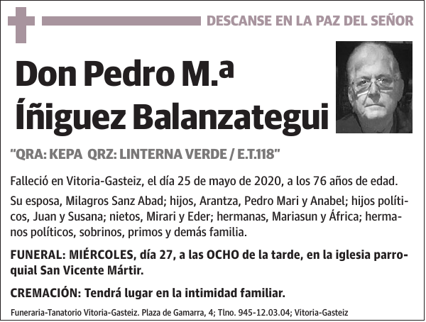 Esquela de Pedro M.ª Íñiguez Balanzategui Fallecimiento Esquela en