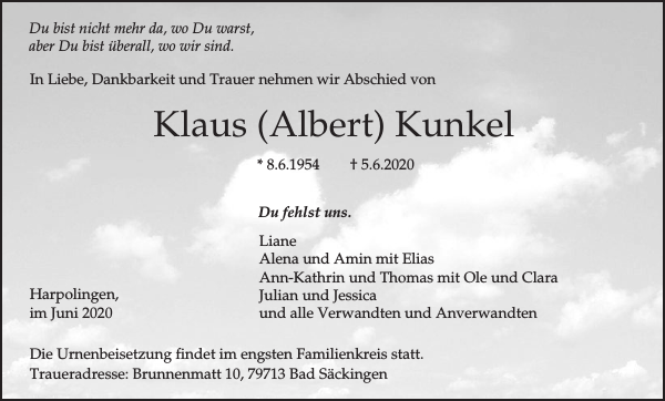 Klaus Kunkel Traueranzeige Badische Zeitung