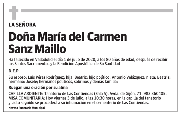 Esquela de Doña María del Carmen Sanz Maillo : Fallecimiento | Esquela ...