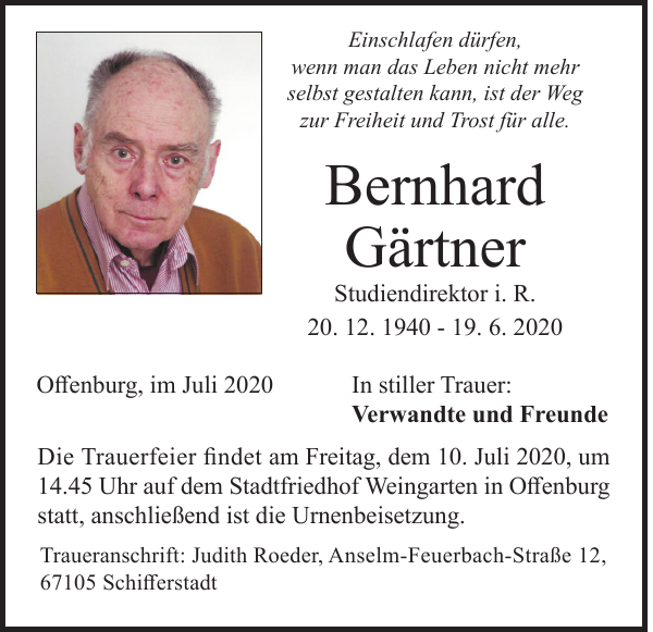 Bernhard Gärtner Traueranzeige Badische Zeitung