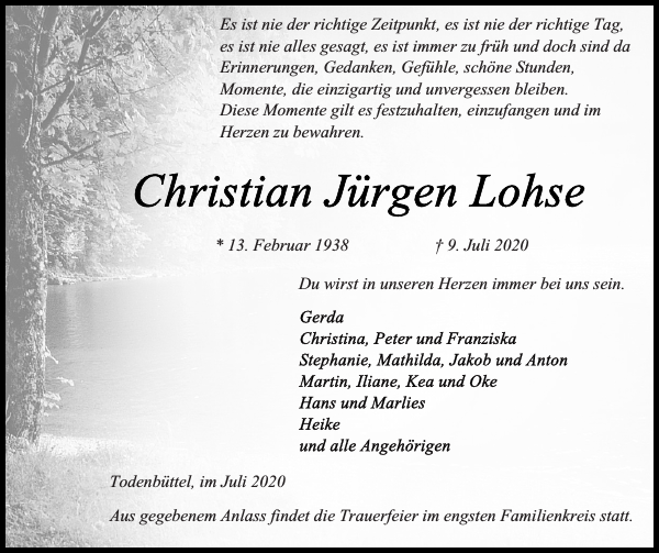 Christian Jürgen Lohse Traueranzeige Landeszeitung