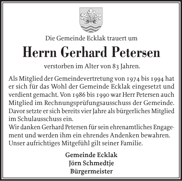 Gerhard Petersen Gedenken Norddeutsche Rundschau