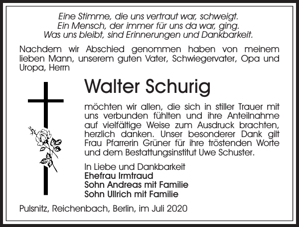 Walter Schurig Traueranzeige Sächsische Zeitung