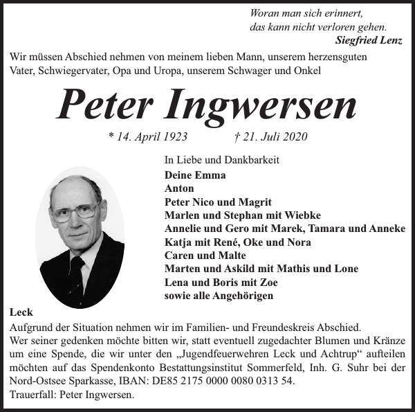 Peter Ingwersen : Traueranzeige : Flensburger Tageblatt
