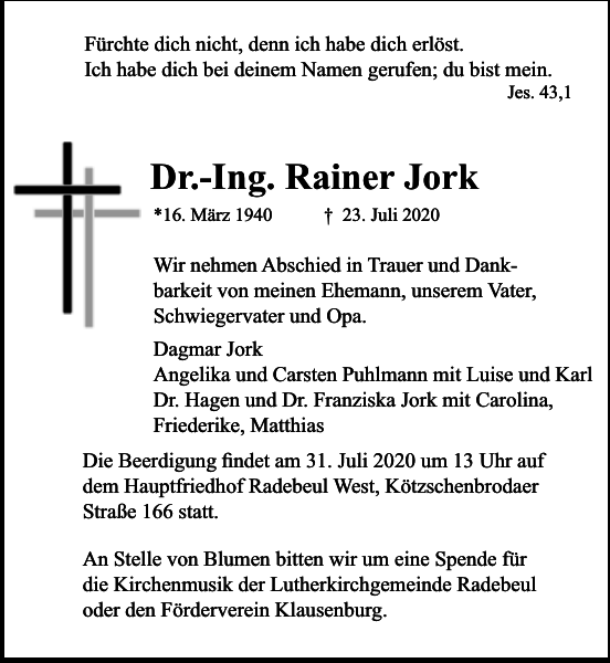 Dr.Ing. Rainer Jork Traueranzeige Sächsische Zeitung
