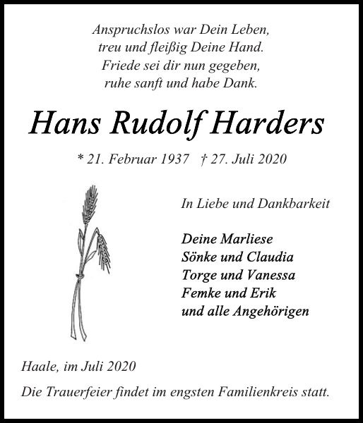Hans Rudolf Harders Traueranzeige Landeszeitung