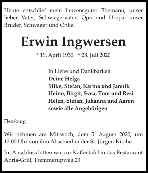Erwin Ingwersen Danksagung Flensburger Tageblatt