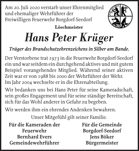 Hans Peter Krüger: Gedenken : Landeszeitung
