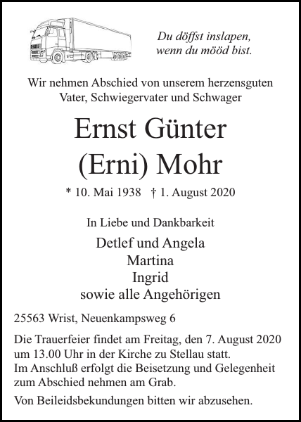 Ernst Günter Erni Mohr Traueranzeige Norddeutsche Rundschau