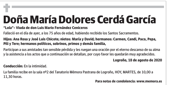Esquela de Doña María Dolores Cerdá García : Fallecimiento | Esquela en ...