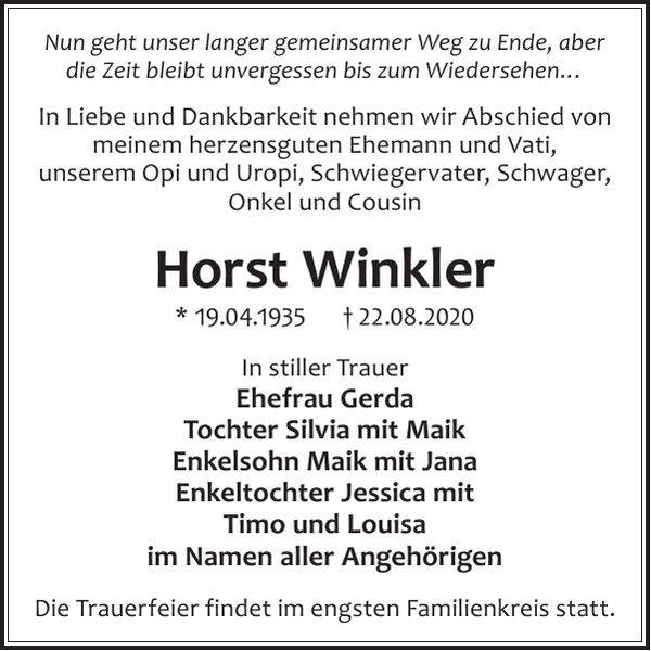 Horst Winkler Traueranzeige Wochen Kurier