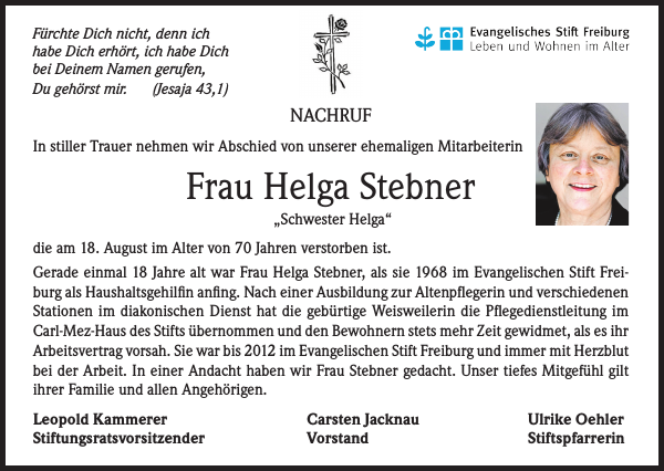 Helga Stebner : Nachruf : Badische Zeitung