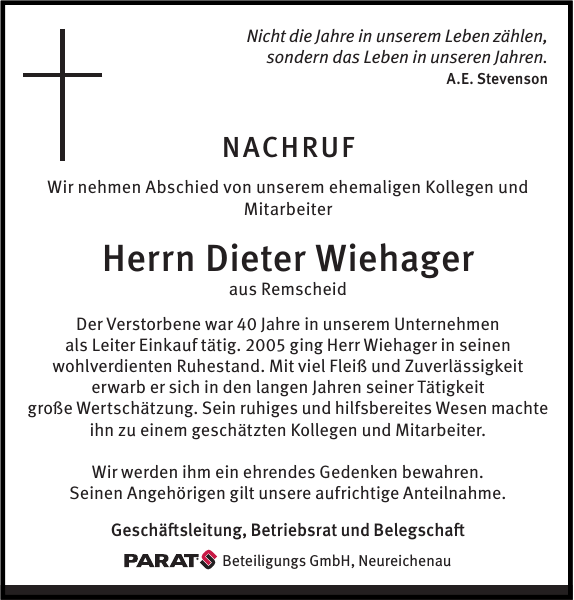 Nachruf Dieter Wiehager : Traueranzeige : Remscheider General-Anzeiger