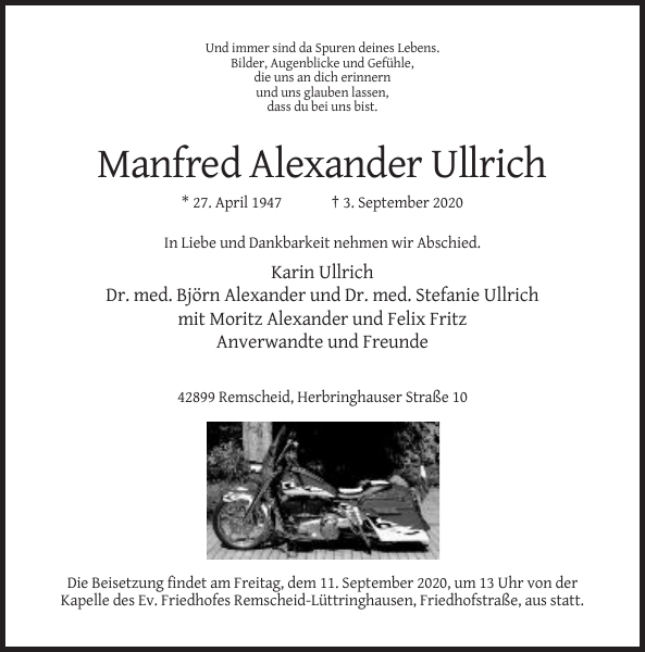 Manfred Ullrich Traueranzeige Remscheider GeneralAnzeiger