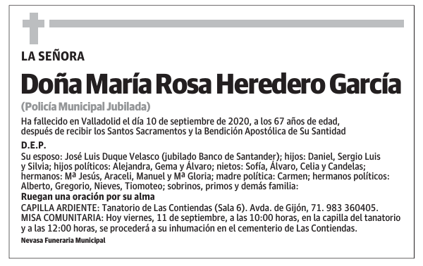 Esquela de Doña María Rosa Heredero García : Fallecimiento | Esquela en ...