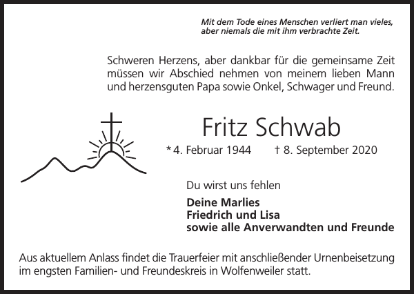 Fritz Schwab Traueranzeige Badische Zeitung