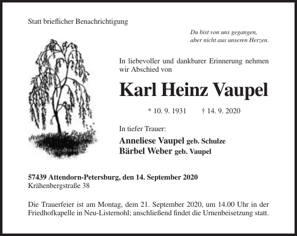 Karl Vaupel Traueranzeige Remscheider GeneralAnzeiger