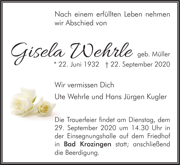 Gisela Wehrle: Traueranzeige : Badische Zeitung