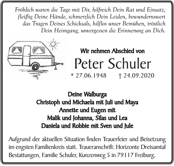 Peter Schuler Traueranzeige Badische Zeitung