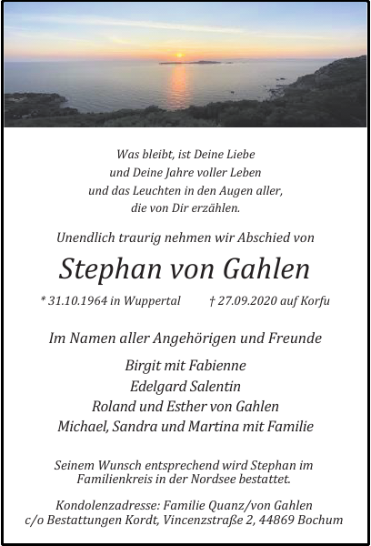 Stephan von Gahlen Traueranzeige Westdeutsche Zeitung