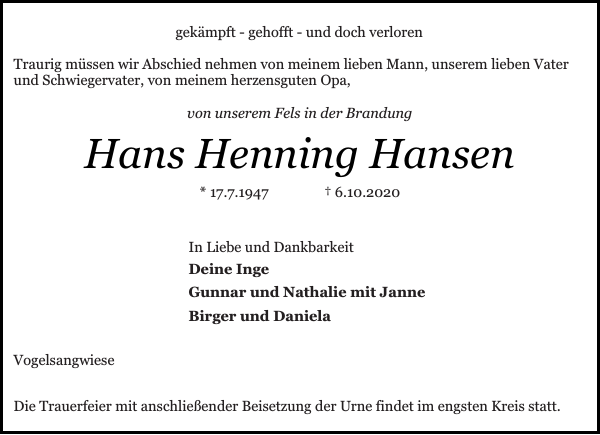 Hans Henning Hansen Traueranzeige Flensburger Tageblatt
