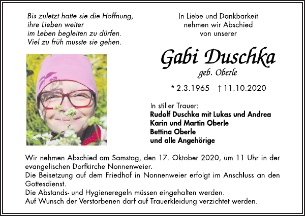 Gabi Duschka Traueranzeige Badische Zeitung