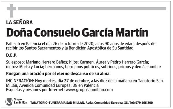 Esquela de Doña Consuelo García Martín : Fallecimiento | Esquela en El ...