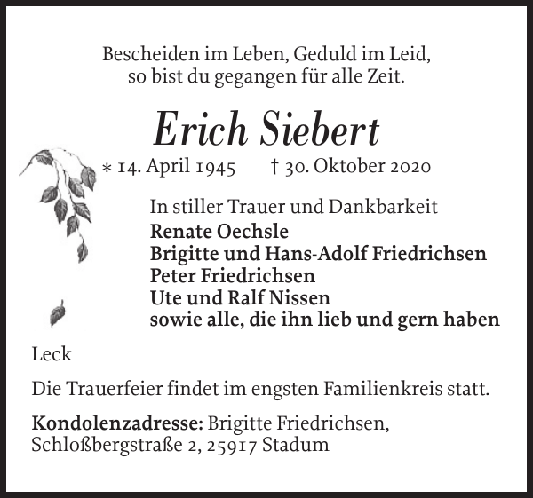 Erich Siebert Danksagung Nordfriesland Tageblatt