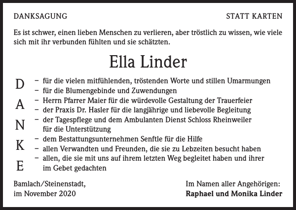 Ella Linder: Traueranzeige : Badische Zeitung