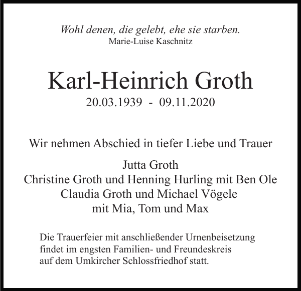 KarlHeinrich Groth Traueranzeige Badische Zeitung