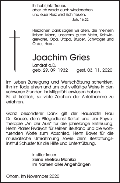 Joachim Gries Traueranzeige Sächsische Zeitung