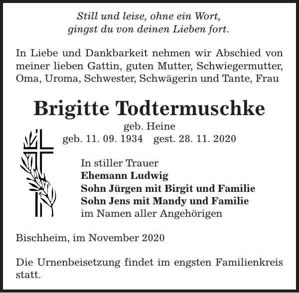 Brigitte Todtermuschke : Traueranzeige : Sächsische Zeitung