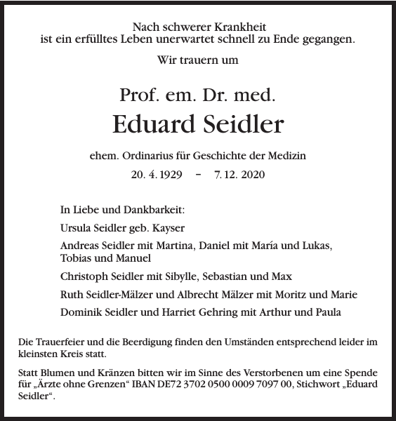 Eduard Seidler Prof. em. Dr. med. Traueranzeige Badische Zeitung