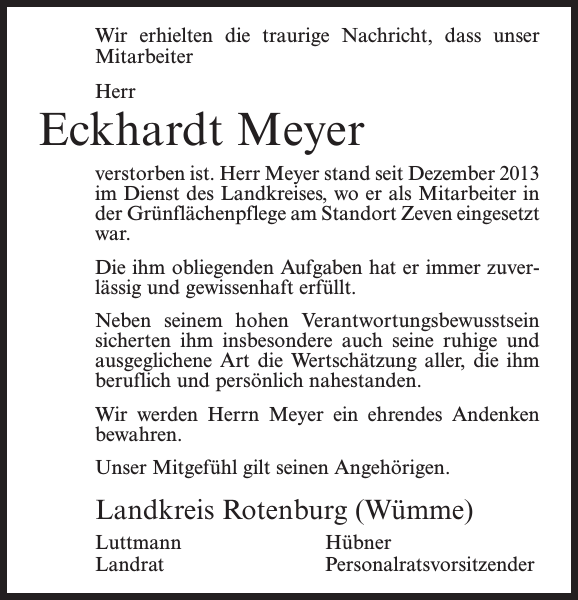 Eckhardt Meyer Nachruf Bremervörder Zeitung