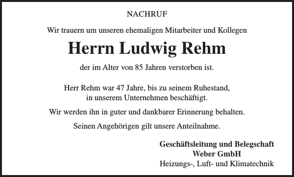 Ludwig Rehm Traueranzeige Badische Zeitung
