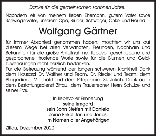 Wolfgang Gärtner Traueranzeige Sächsische Zeitung