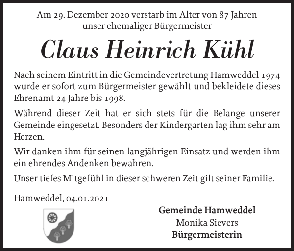 Claus Heinrich Kühl : Gedenken : Landeszeitung