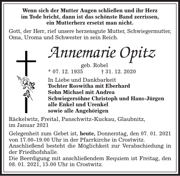 Annemarie Opitz Traueranzeige Sächsische Zeitung