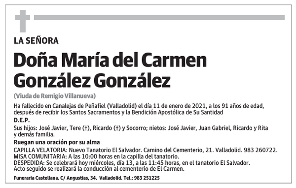 Esquela de Doña María del Carmen González González : Fallecimiento ...
