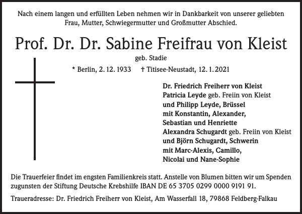 Sabine Freifrau von Kleist Traueranzeige Badische Zeitung