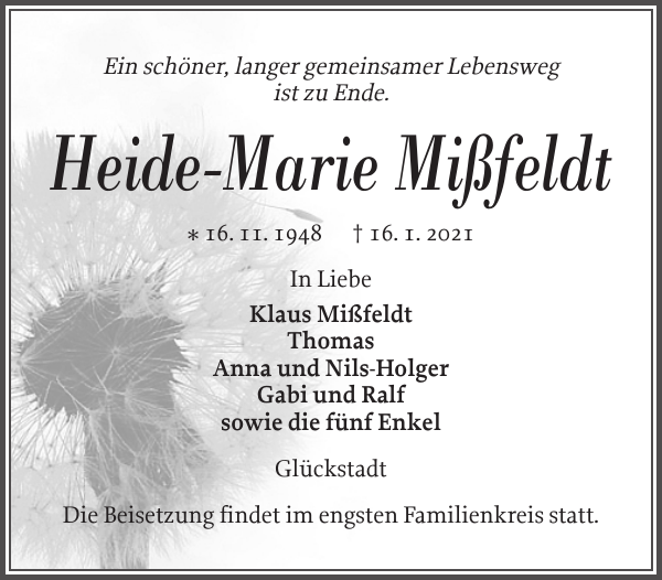Heide-Marie Mißfeldt: Traueranzeige : Norddeutsche Rundschau