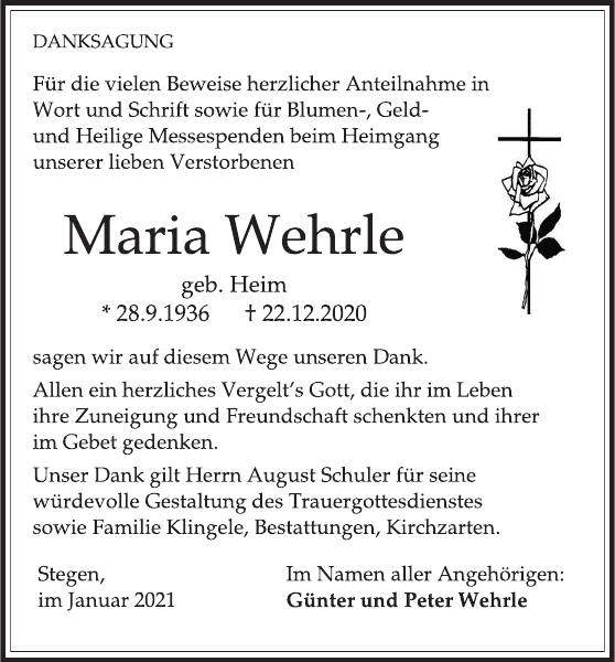 Maria Wehrle: Traueranzeige : Badische Zeitung